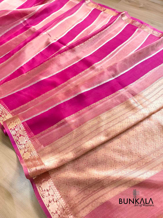 Rani Pink Gold Silver Zari Stripe Handloom Banarasi Pure Tissue Organza Silk Saree