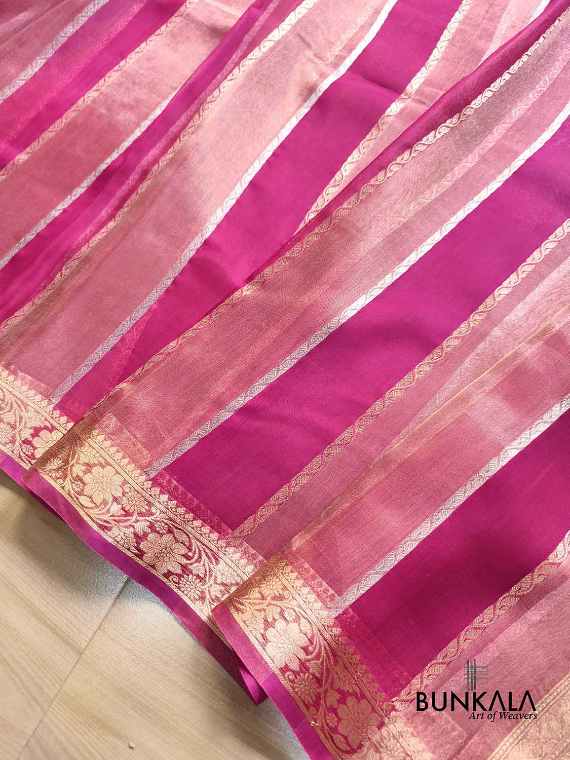 Rani Pink Gold Silver Zari Stripe Handloom Banarasi Pure Tissue Organza Silk Saree