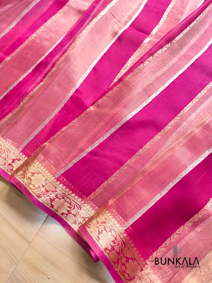 Rani Pink Gold Silver Zari Stripe Handloom Banarasi Pure Tissue Organza Silk Saree