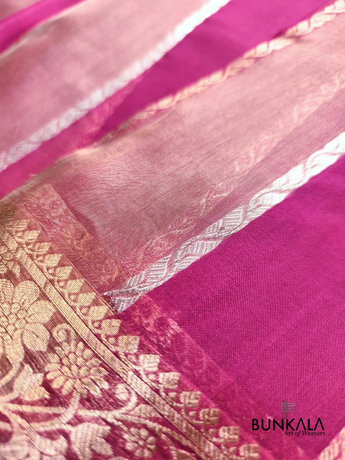 Rani Pink Gold Silver Zari Stripe Handloom Banarasi Pure Tissue Organza Silk Saree