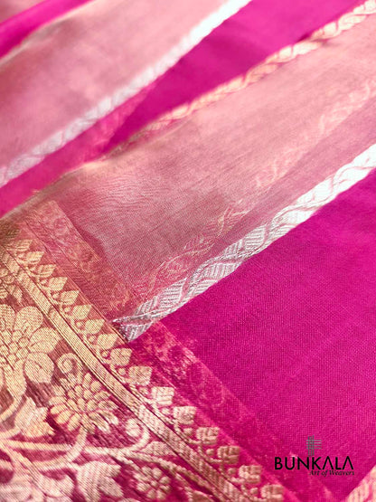 Rani Pink Gold Silver Zari Stripe Handloom Banarasi Pure Tissue Organza Silk Saree
