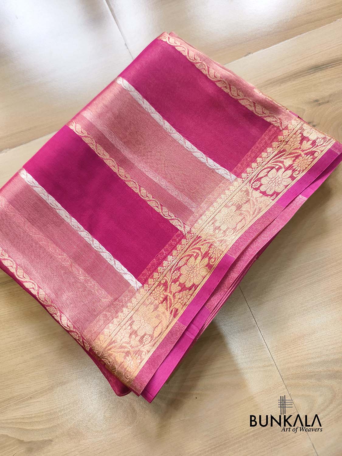Rani Pink Gold Silver Zari Stripe Handloom Banarasi Pure Tissue Organza Silk Saree