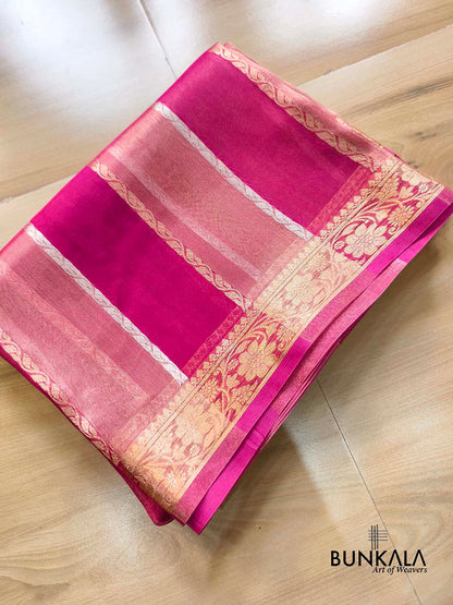 Rani Pink Gold Silver Zari Stripe Handloom Banarasi Pure Tissue Organza Silk Saree
