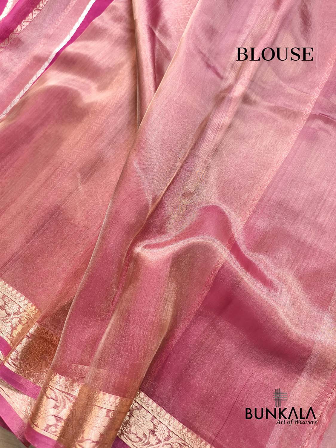 Rani Pink Gold Silver Zari Stripe Handloom Banarasi Pure Tissue Organza Silk Saree
