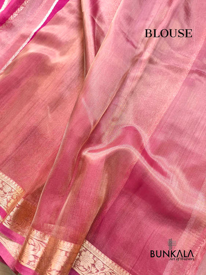 Rani Pink Gold Silver Zari Stripe Handloom Banarasi Pure Tissue Organza Silk Saree