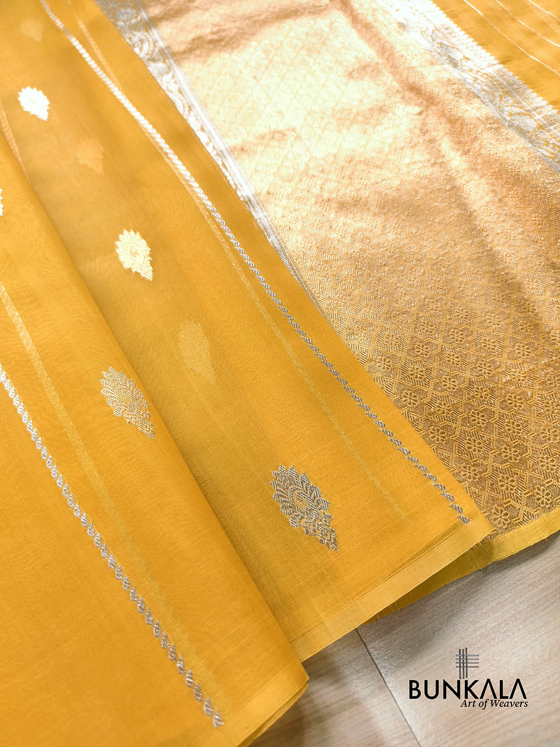 Mustard Yellow Stripe without Border Handloom Banarasi Pure Organza Silk Saree