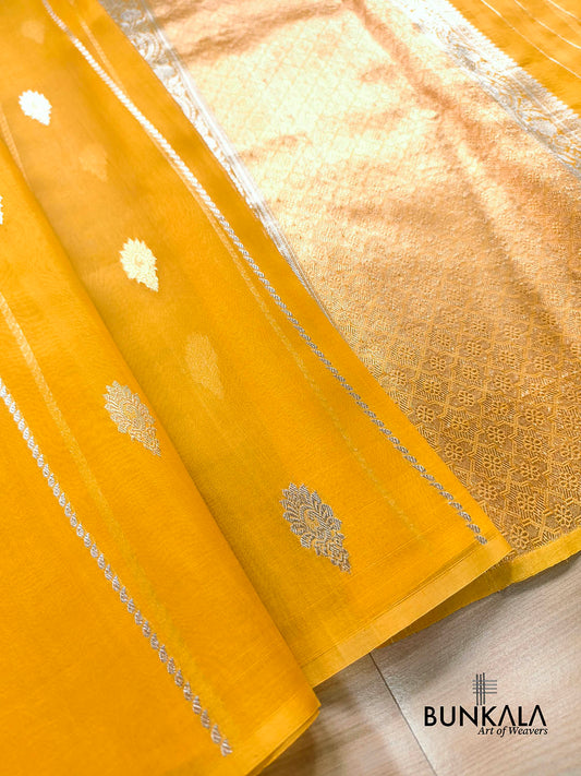 Mustard Yellow Stripe without Border Handloom Banarasi Pure Organza Silk Saree