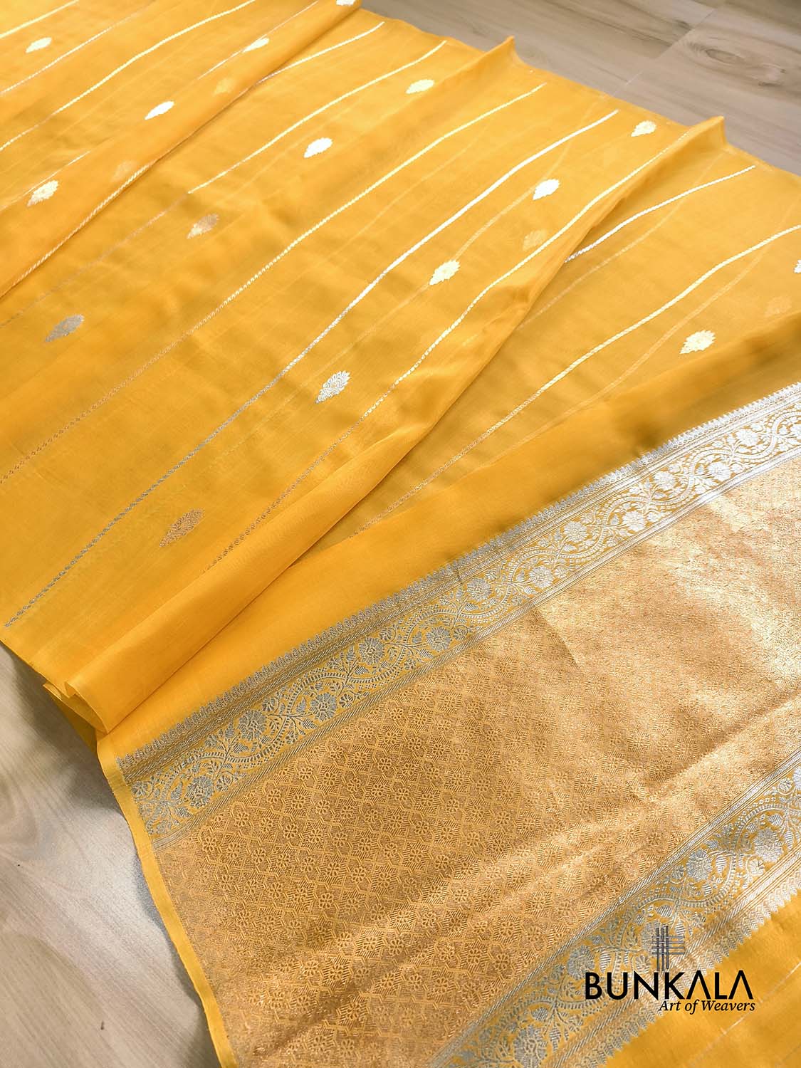 Mustard Yellow Stripe without Border Handloom Banarasi Pure Organza Silk Saree