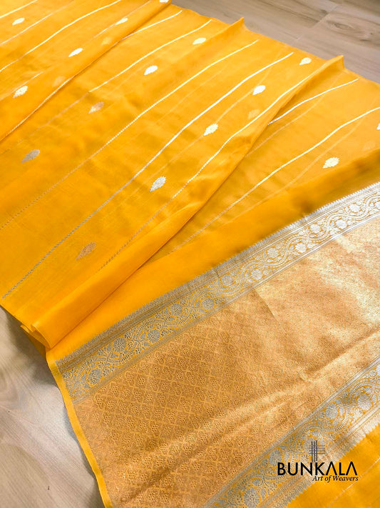 Mustard Yellow Stripe without Border Handloom Banarasi Pure Organza Silk Saree