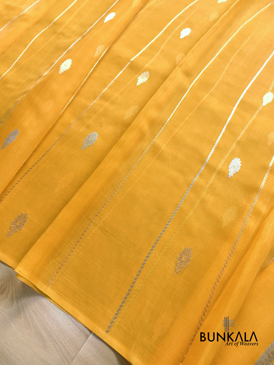 Mustard Yellow Stripe without Border Handloom Banarasi Pure Organza Silk Saree