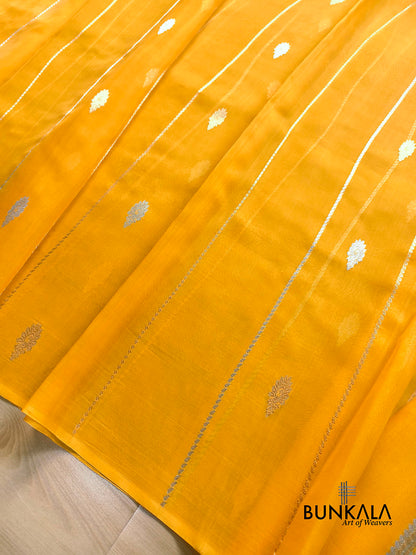 Mustard Yellow Stripe without Border Handloom Banarasi Pure Organza Silk Saree