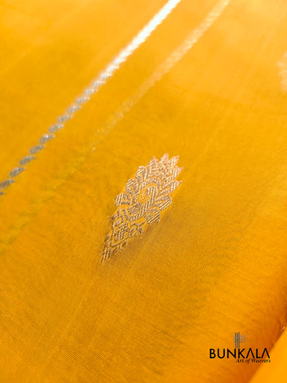 Mustard Yellow Stripe without Border Handloom Banarasi Pure Organza Silk Saree