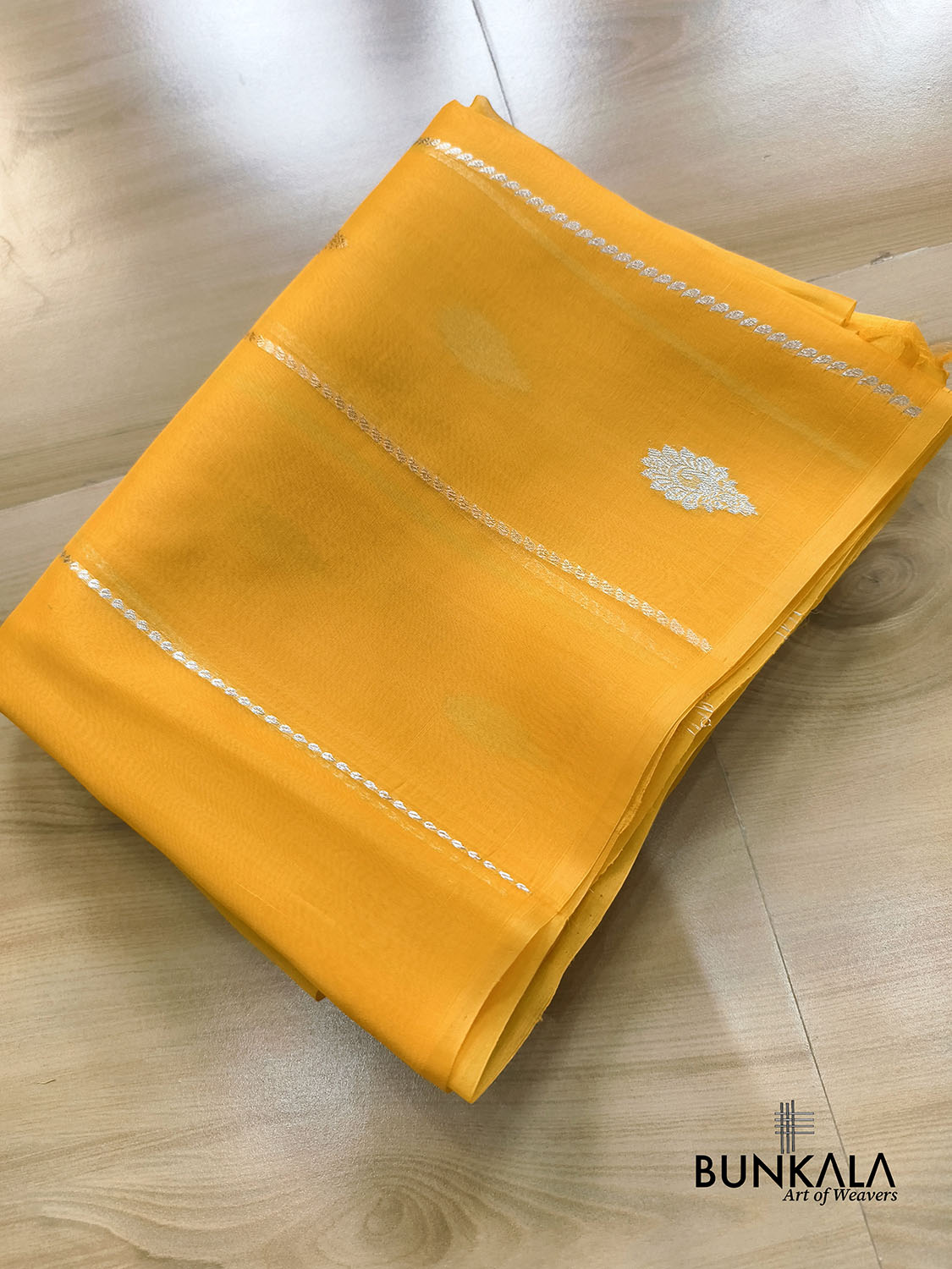 Mustard Yellow Stripe without Border Handloom Banarasi Pure Organza Silk Saree