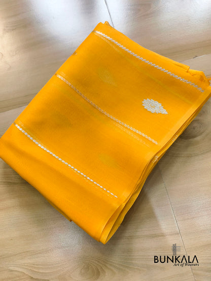 Mustard Yellow Stripe without Border Handloom Banarasi Pure Organza Silk Saree