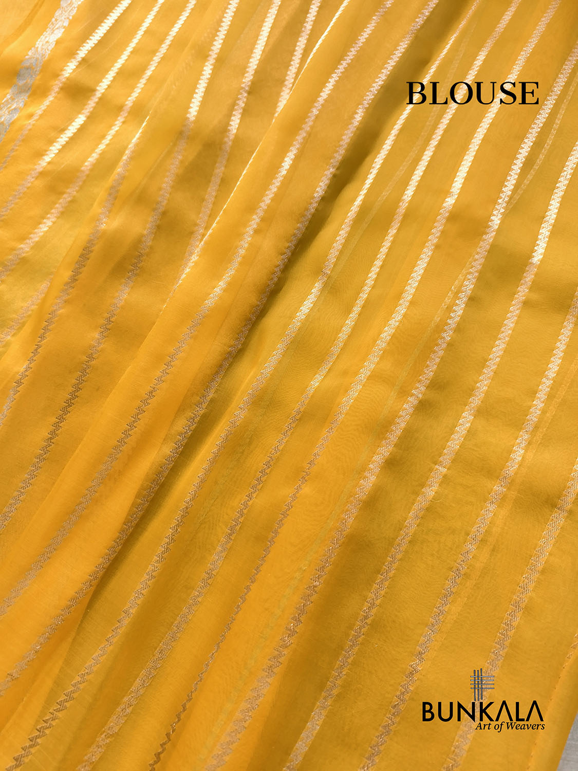 Mustard Yellow Stripe without Border Handloom Banarasi Pure Organza Silk Saree