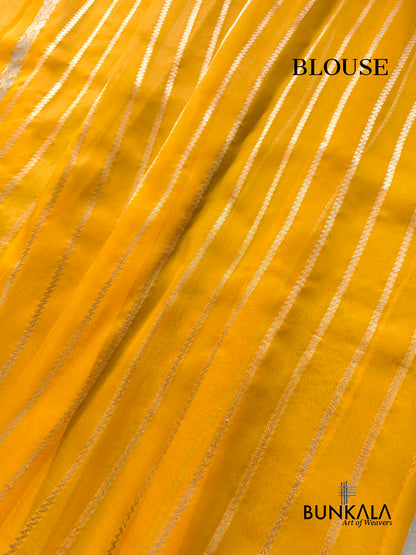 Mustard Yellow Stripe without Border Handloom Banarasi Pure Organza Silk Saree