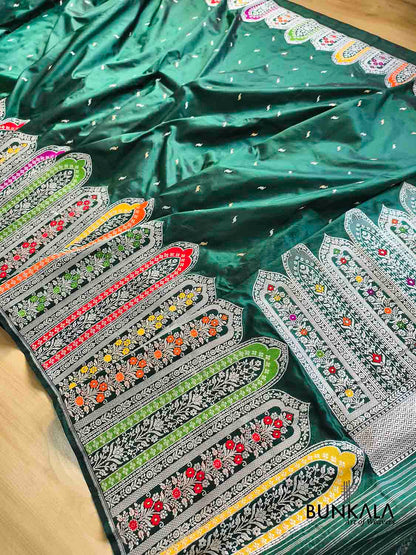 Bottle Green Meenakari Silver Zari Big Border Kadwa Handweaved Banarasi Pure Katan Silk Saree