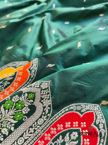 Bottle Green Meenakari Silver Zari Big Border Kadwa Handweaved Banarasi Pure Katan Silk Saree