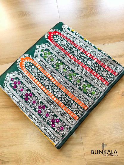 Bottle Green Meenakari Silver Zari Big Border Kadwa Handweaved Banarasi Pure Katan Silk Saree
