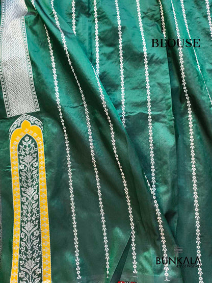 Bottle Green Meenakari Silver Zari Big Border Kadwa Handweaved Banarasi Pure Katan Silk Saree