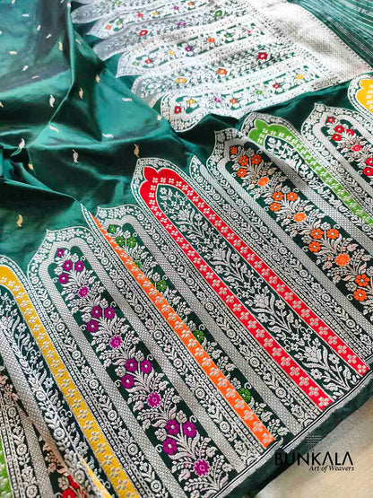 Bottle Green Meenakari Silver Zari Big Border Kadwa Handweaved Banarasi Pure Katan Silk Saree