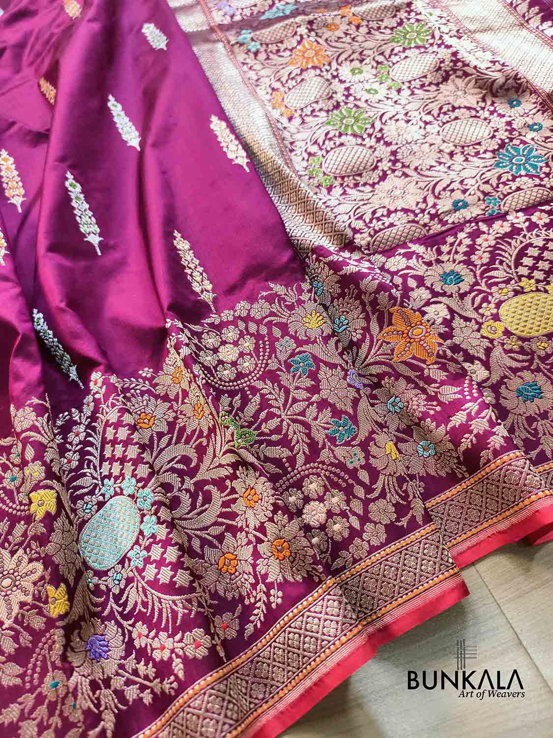 Magenta Pink Meenakari Big Border Kadwa Handweaved Banarasi Pure Katan Silk Saree