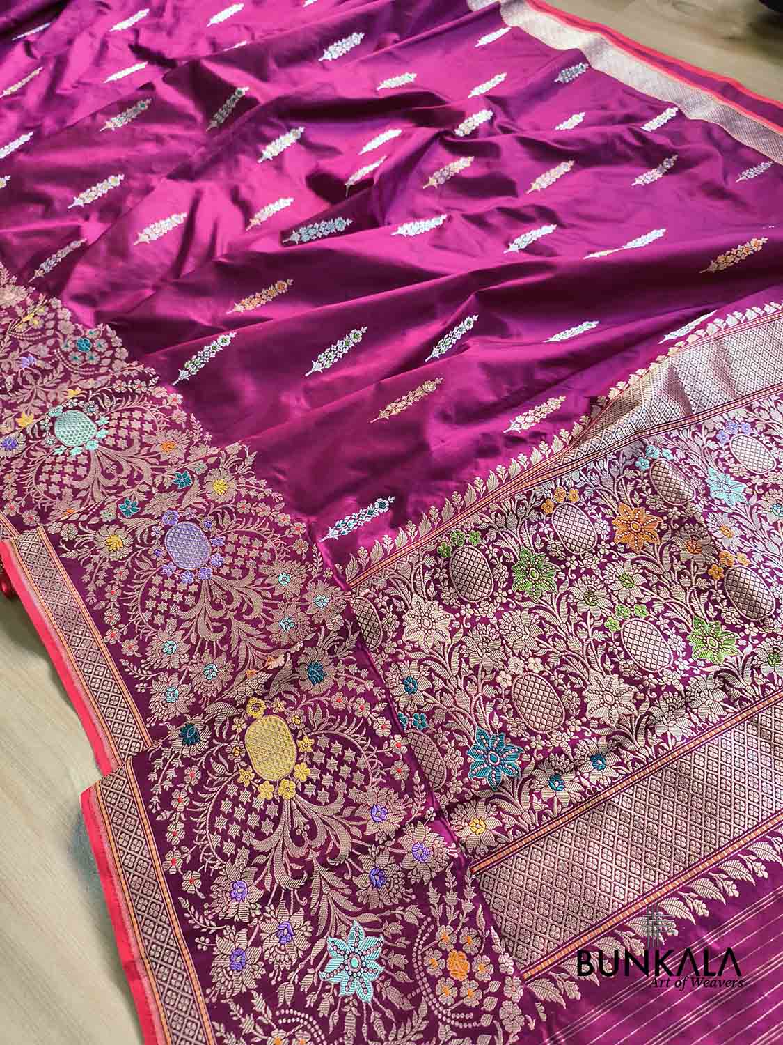 Magenta Pink Meenakari Big Border Kadwa Handweaved Banarasi Pure Katan Silk Saree