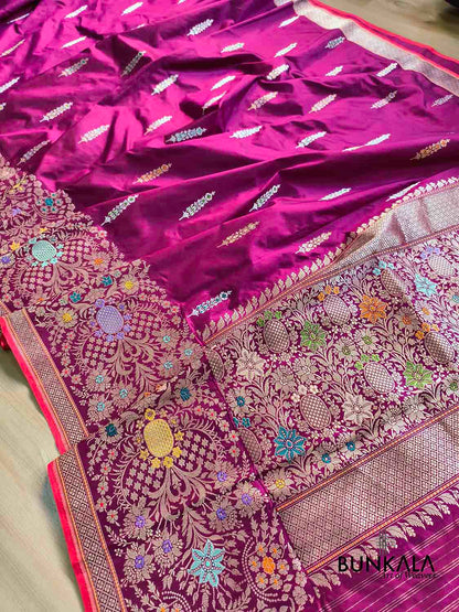Magenta Pink Meenakari Big Border Kadwa Handweaved Banarasi Pure Katan Silk Saree