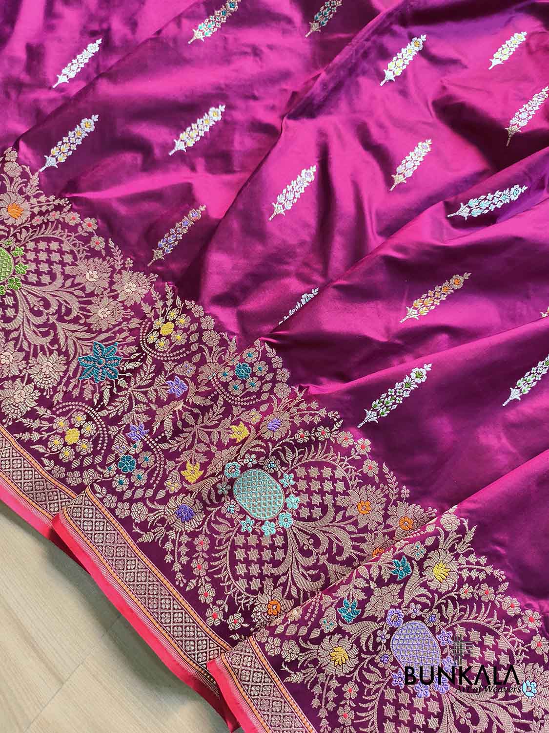 Magenta Pink Meenakari Big Border Kadwa Handweaved Banarasi Pure Katan Silk Saree