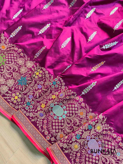 Magenta Pink Meenakari Big Border Kadwa Handweaved Banarasi Pure Katan Silk Saree