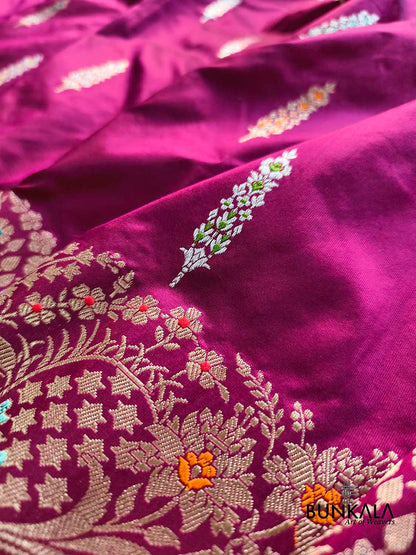 Magenta Pink Meenakari Big Border Kadwa Handweaved Banarasi Pure Katan Silk Saree