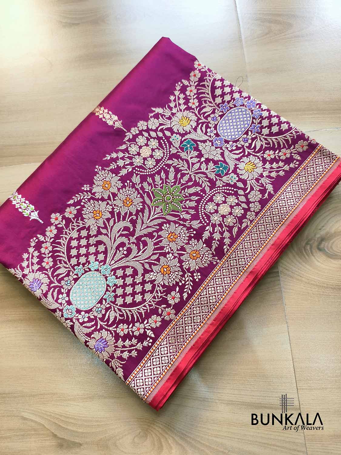 Magenta Pink Meenakari Big Border Kadwa Handweaved Banarasi Pure Katan Silk Saree