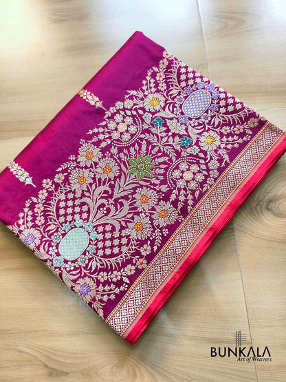 Magenta Pink Meenakari Big Border Kadwa Handweaved Banarasi Pure Katan Silk Saree