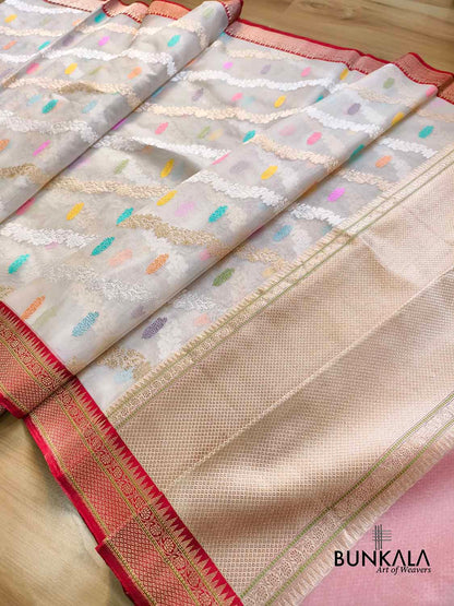 White Sona Rupa Stripe Meena Leaf Buti Kadwa Handloom Banarasi Pure Organza Silk Saree