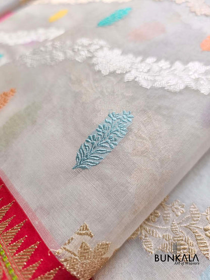 White Sona Rupa Stripe Meena Leaf Buti Kadwa Handloom Banarasi Pure Organza Silk Saree