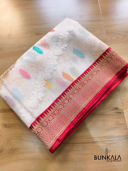 White Sona Rupa Stripe Meena Leaf Buti Kadwa Handloom Banarasi Pure Organza Silk Saree