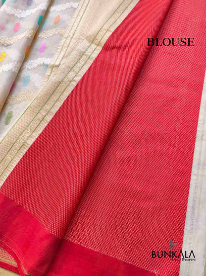 White Sona Rupa Stripe Meena Leaf Buti Kadwa Handloom Banarasi Pure Organza Silk Saree