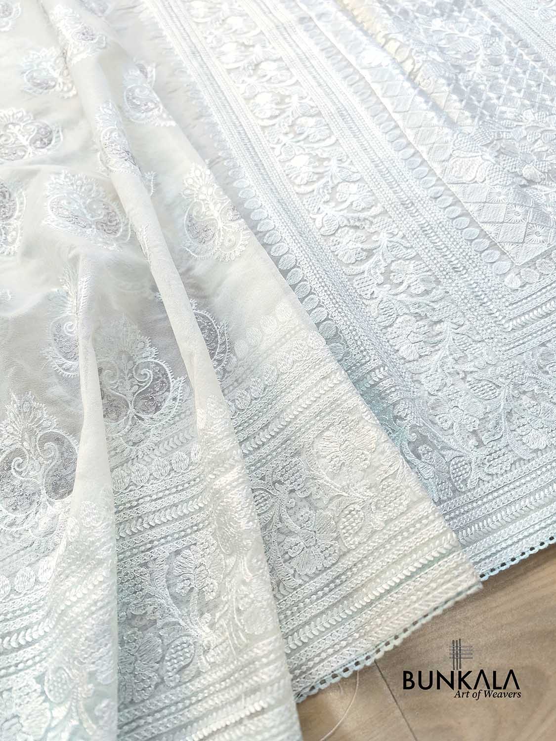 Ice Blue Resham Embroidered Banarasi Organza Saree