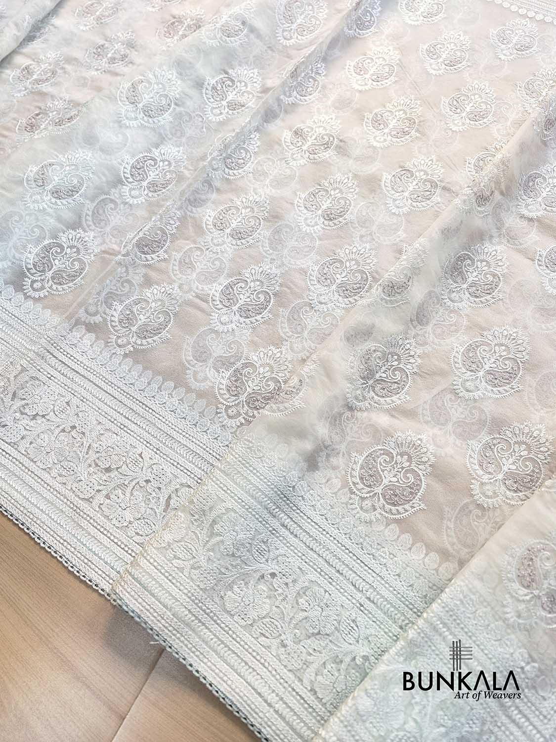 Ice Blue Resham Embroidered Banarasi Organza Saree