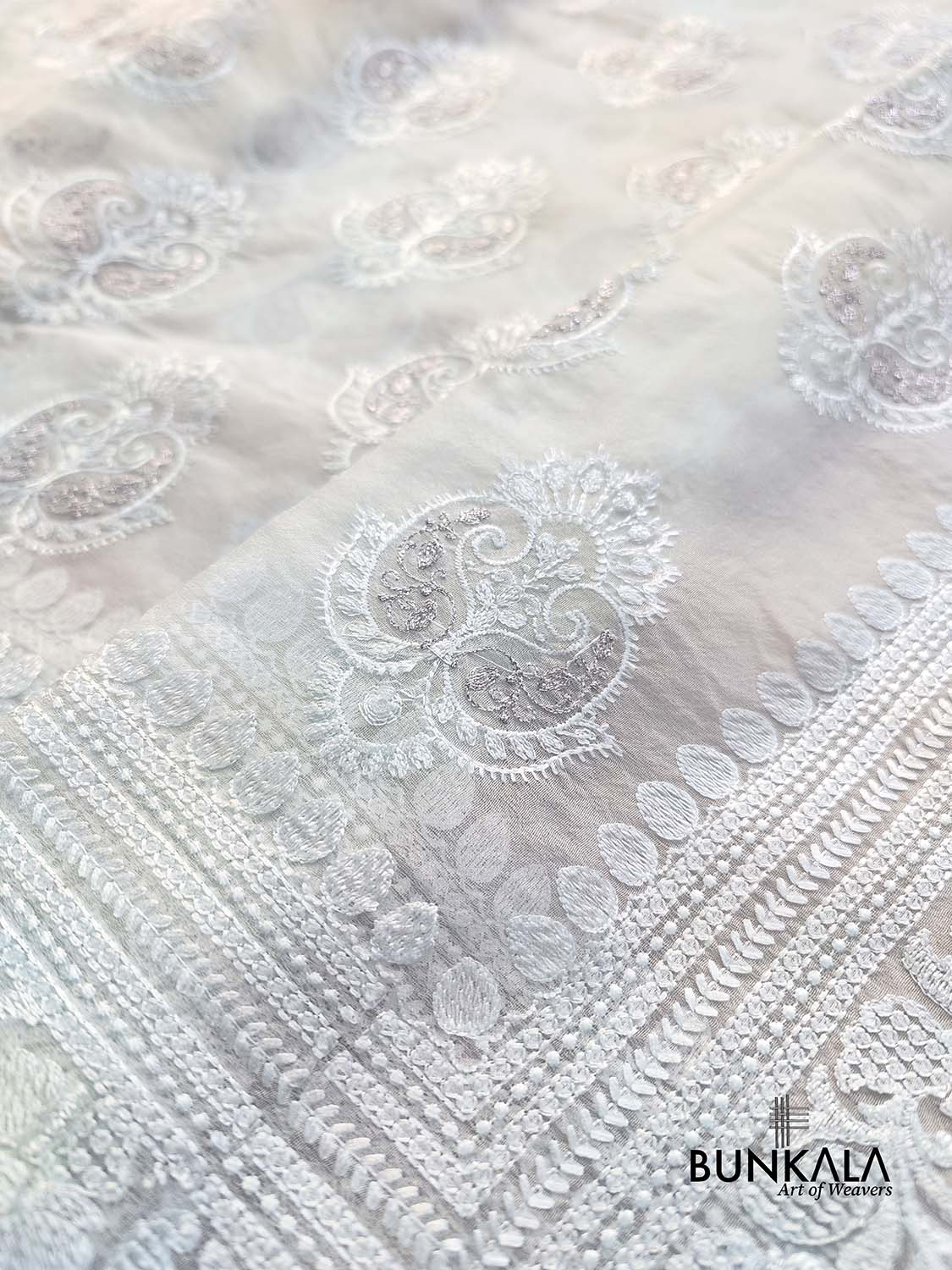 Ice Blue Resham Embroidered Banarasi Organza Saree