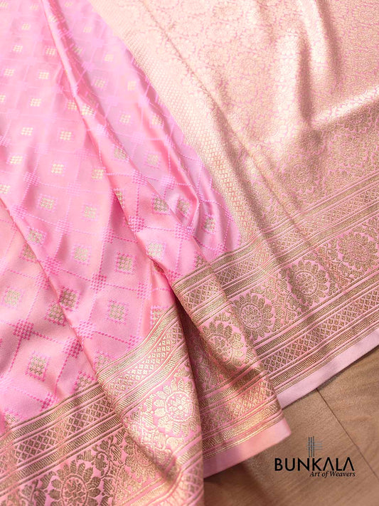 Rose Pastel Pink Jamewar Weaved Geometric Design Banarasi Mashru Silk Saree