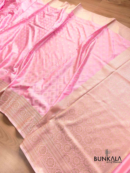 Rose Pastel Pink Jamewar Weaved Geometric Design Banarasi Mashru Silk Saree