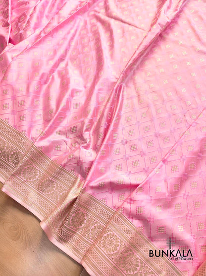 Rose Pastel Pink Jamewar Weaved Geometric Design Banarasi Mashru Silk Saree