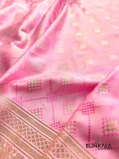 Rose Pastel Pink Jamewar Weaved Geometric Design Banarasi Mashru Silk Saree