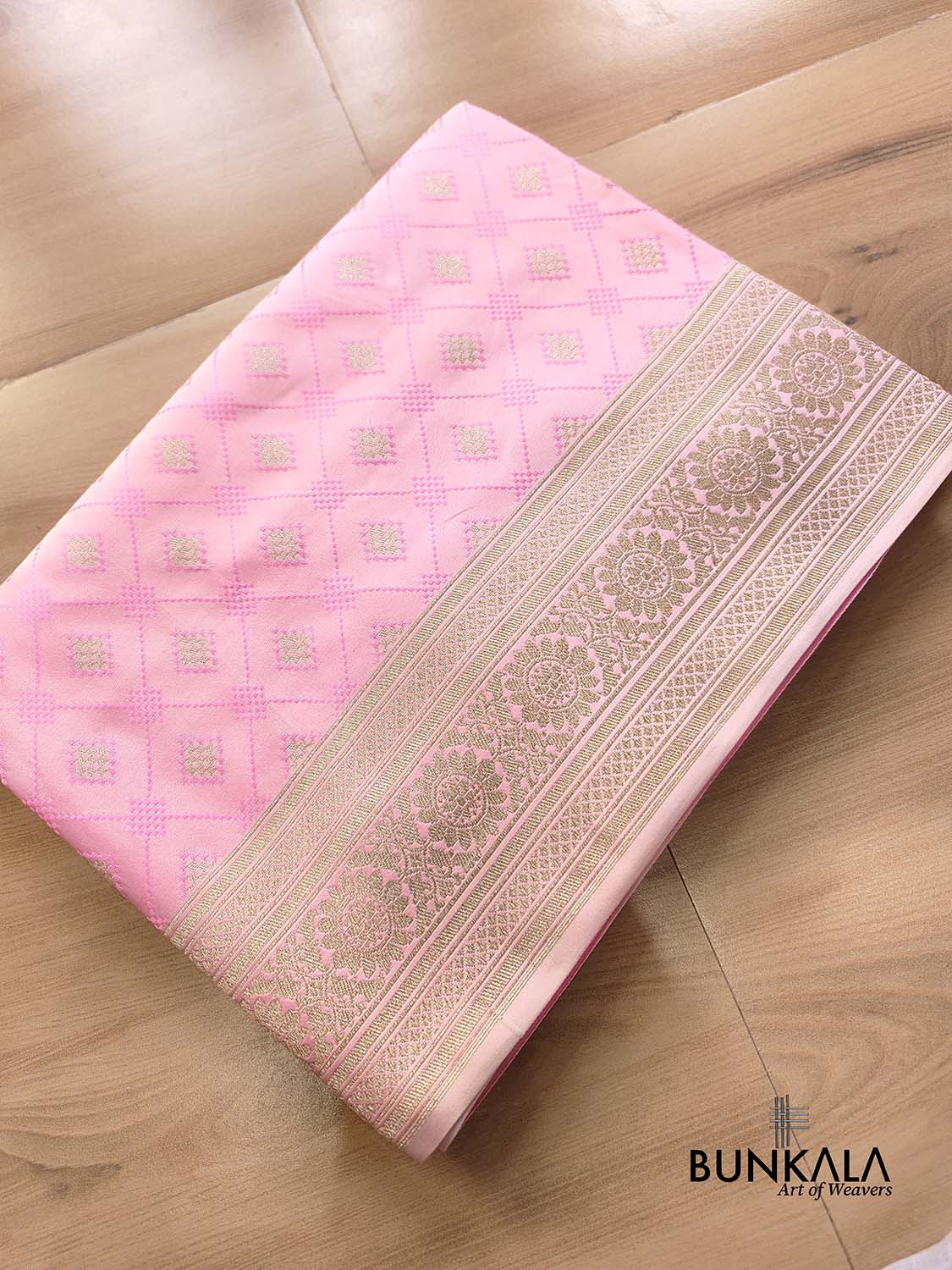 Rose Pastel Pink Jamewar Weaved Geometric Design Banarasi Mashru Silk Saree