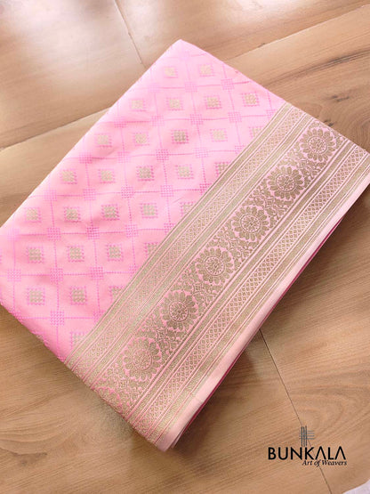 Rose Pastel Pink Jamewar Weaved Geometric Design Banarasi Mashru Silk Saree