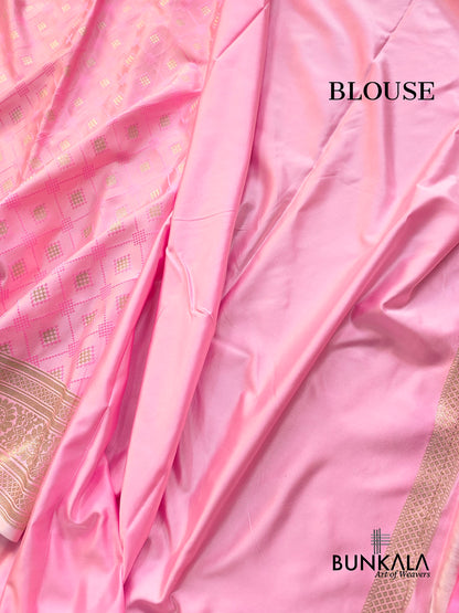 Rose Pastel Pink Jamewar Weaved Geometric Design Banarasi Mashru Silk Saree