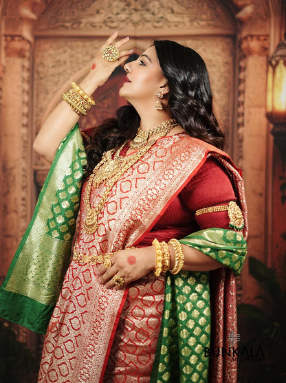 Traditional Bridal Maroon Brocade Weaved Banarasi Mashru Silk Saree