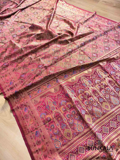 Reddish Pink Rangkat Jamewar Mughal Pattern Weaved Banarasi Mashru Silk Saree