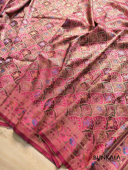 Reddish Pink Rangkat Jamewar Mughal Pattern Weaved Banarasi Mashru Silk Saree